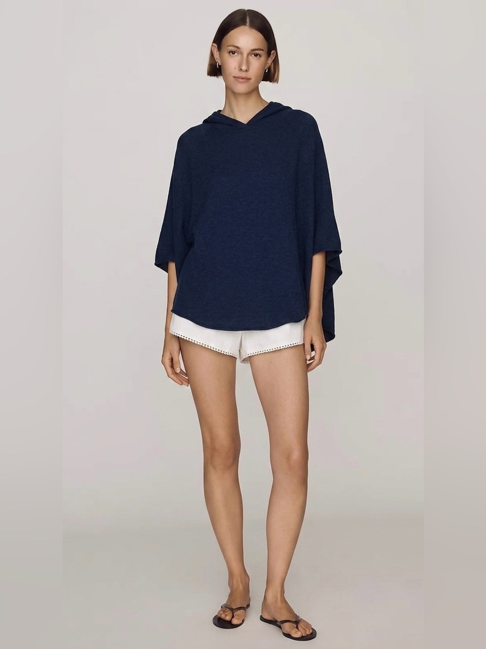Joie Navy Hooded Batwing Lightweight Poncho Sweater Sz Medium/L Coastal Nautical